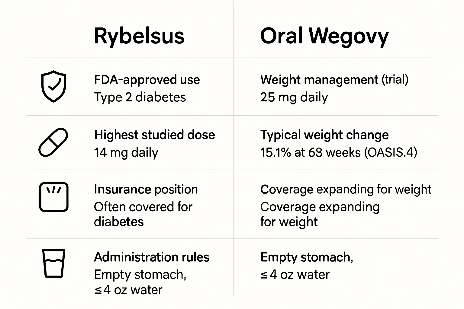 Side-by-side infographic comparing Rybelsus and Oral Wegovy detailing FDA use, highest dose, weight change, insurance coverage, and administration rules.